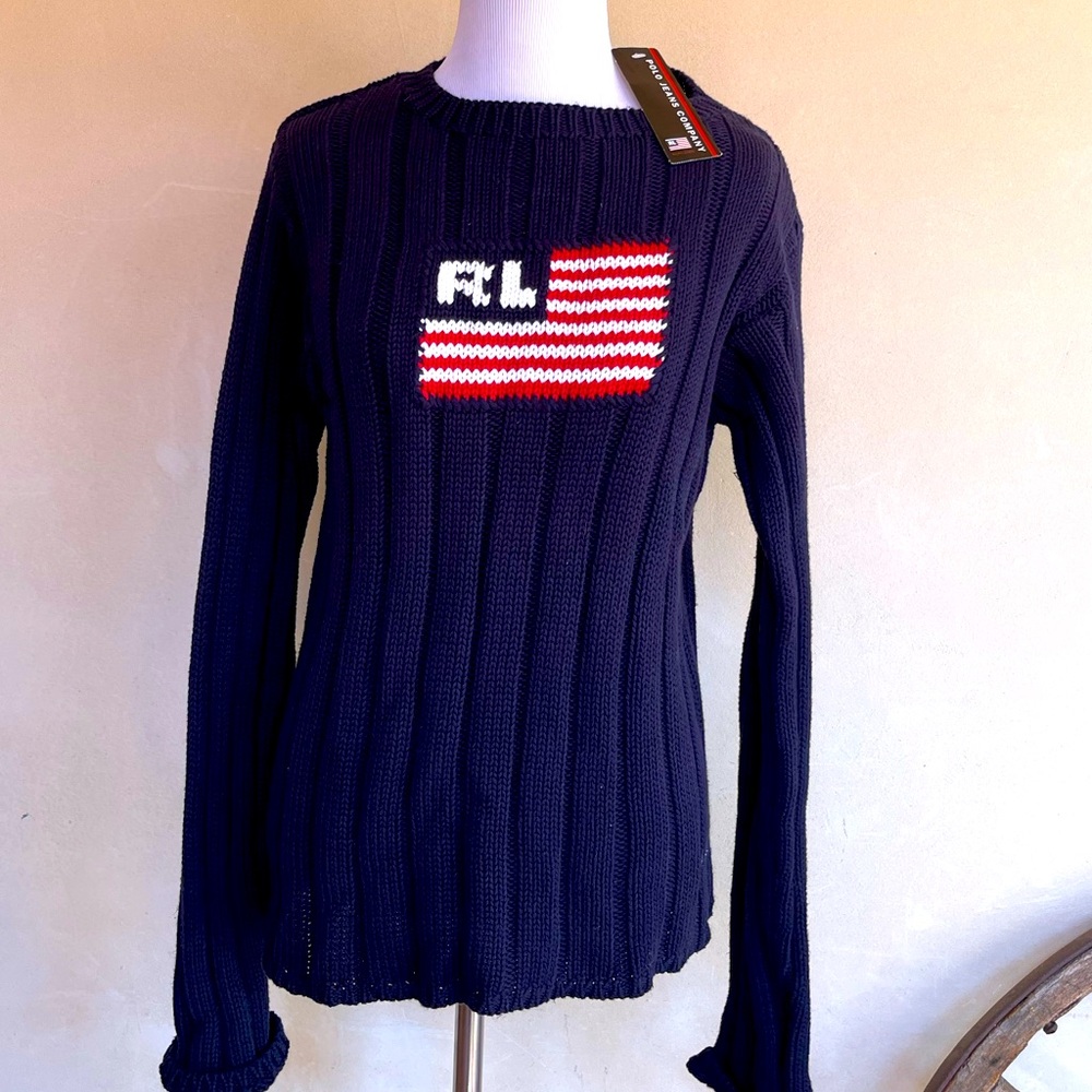 RALPH LAUREN POLO Sweater Navy Blue w/Red & White American Style RL Flag XL NEW!
